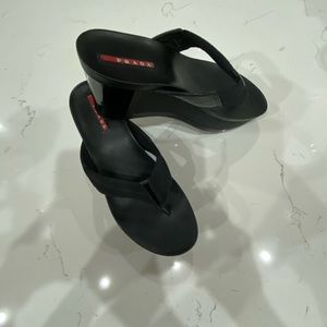 Prada Black Patent Leather/Nylon Wedge Sandal